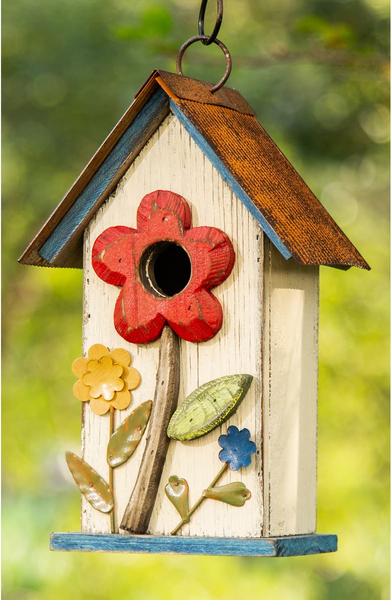 Glitzhome 10"H Multicolor Cute Distressed Solid Wood Birdhouse with 3D Flowers, Alternate, color, White