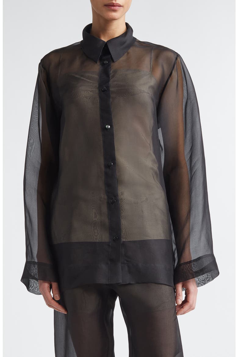 Lisse Classic Silk Organza Button-Up Shirt, Main, color, BLACK
