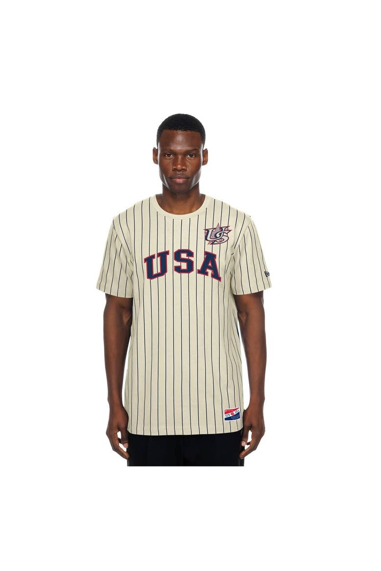 Men's New Era Cream USA Baseball Throwback Meshback Pinstripe T-Shirt, Main, color, Cream