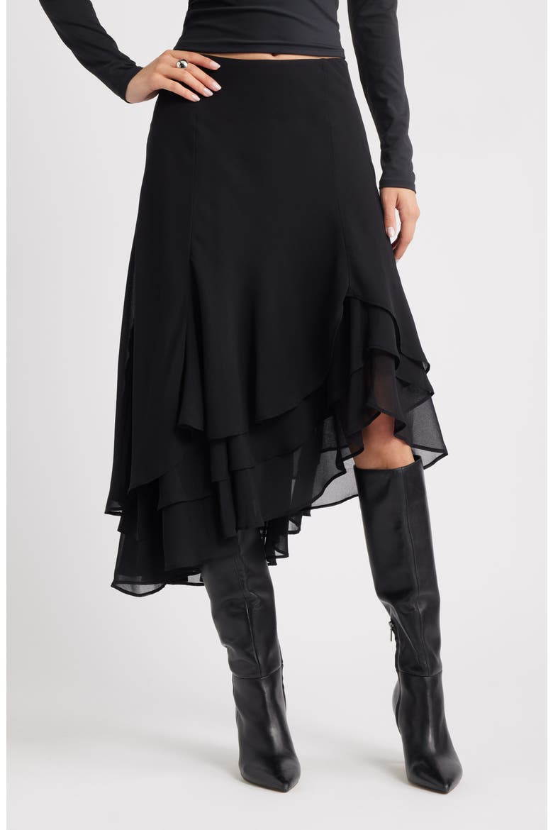 Layered Asymmetric Chiffon Midi Skirt, Main, color, BLACK