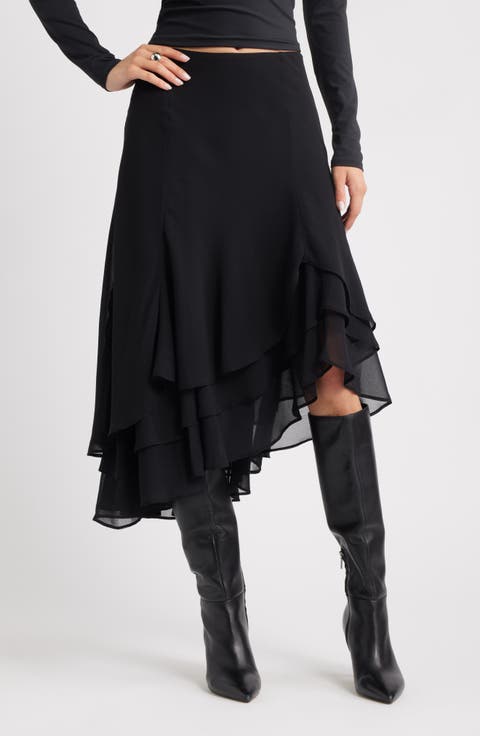 Layered Asymmetric Chiffon Midi Skirt