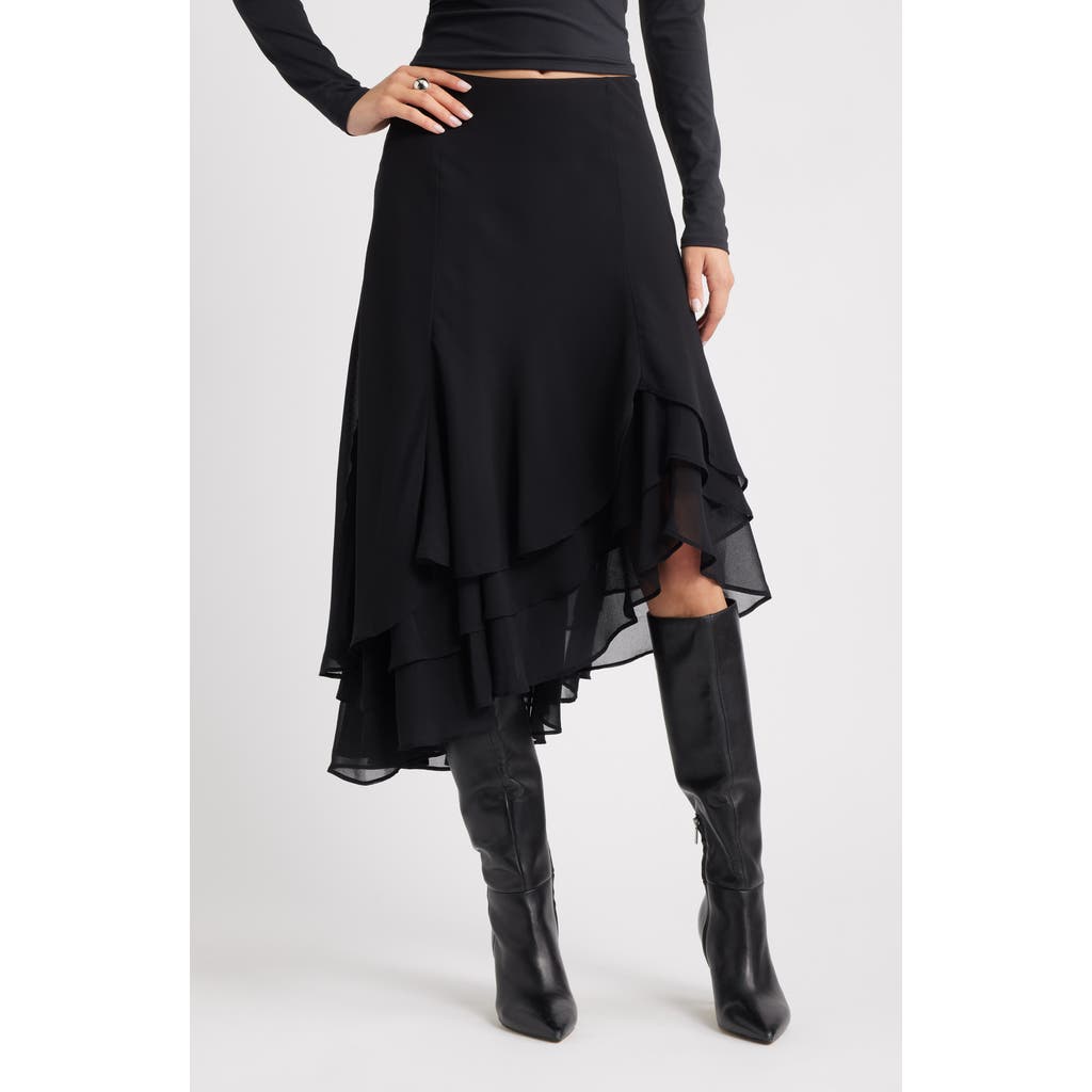 Open Edit Layered Asymmetric Chiffon Midi Skirt In Black