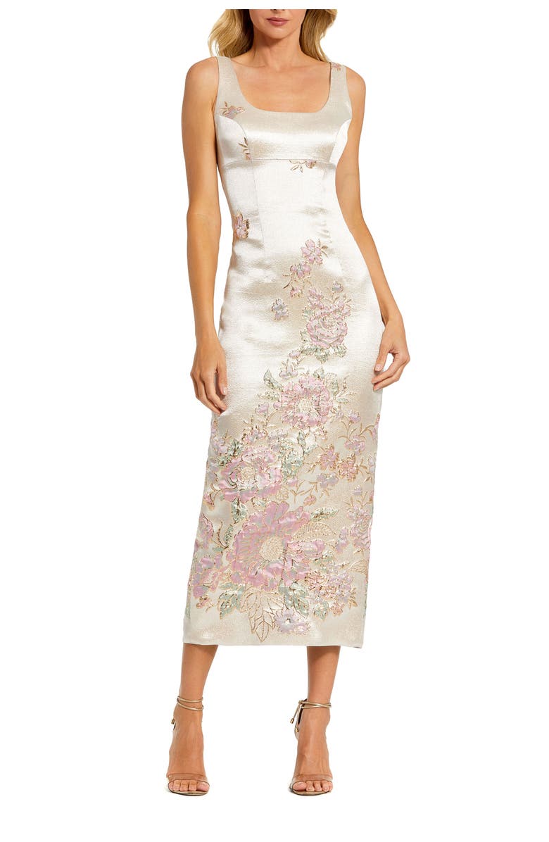Mac Duggal Petite Slim Strap Scoop Neck Bustier Brocade Midi Dress, Main, color,