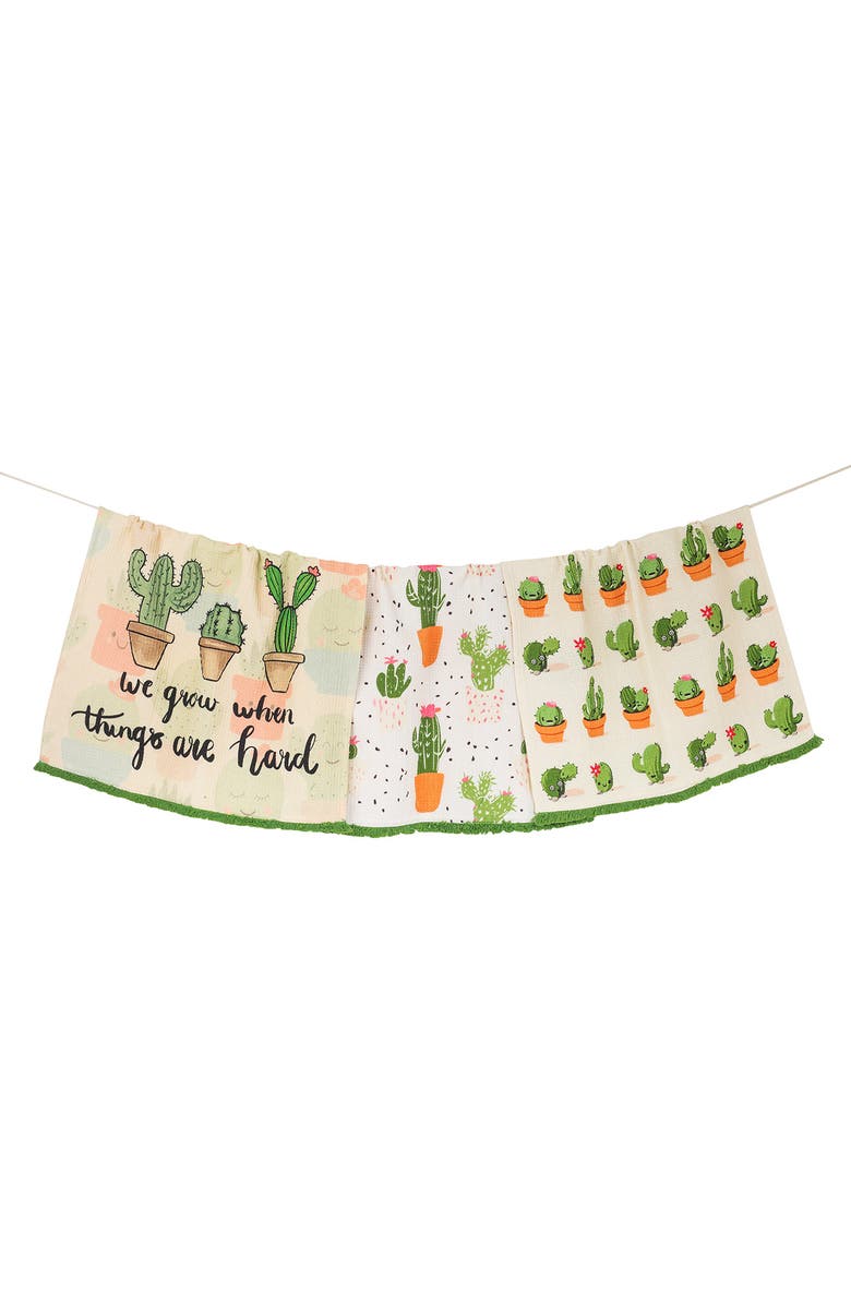 Tiramisu We Grow Cactus Set of 3 Kitchen Towels, Main, color, Sage Green/ Terracotta