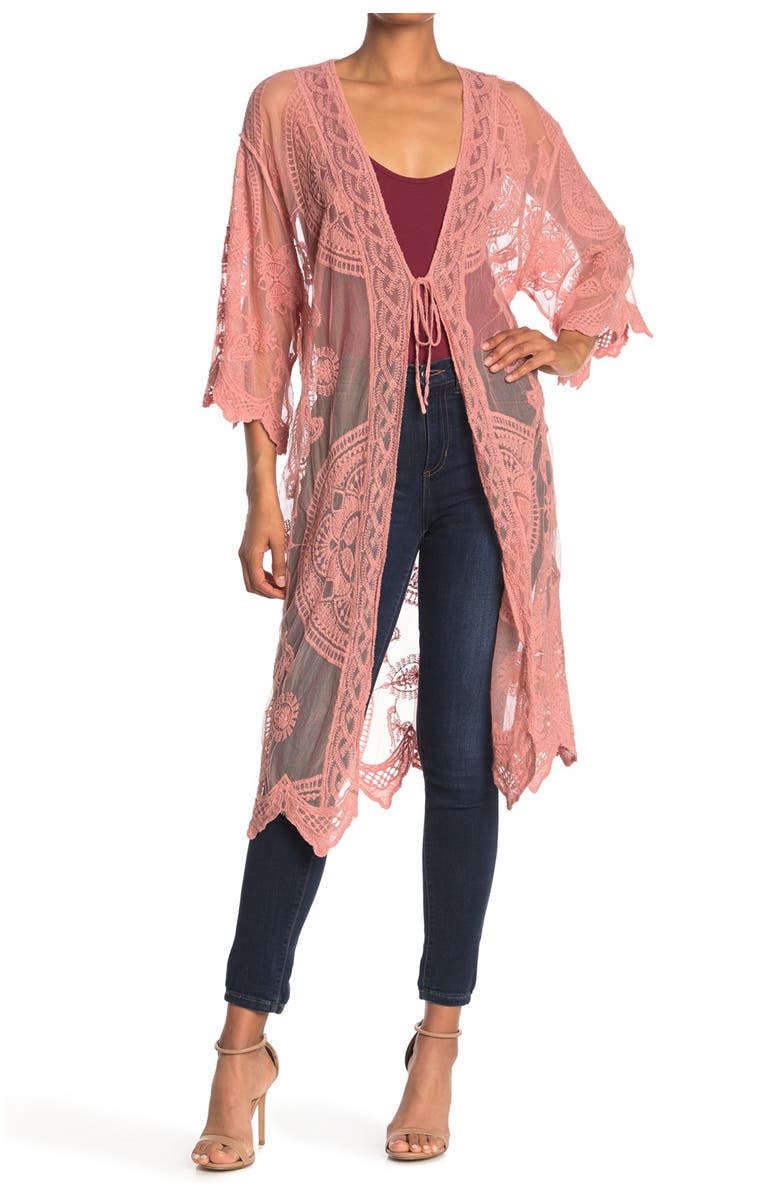 Forgotten Grace Crochet Trim Tie Front Duster, Main, color, Blush