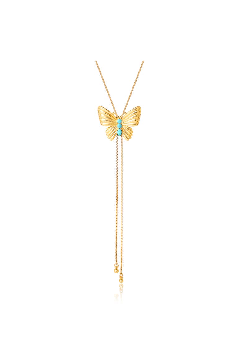 Gold-Tone Butterfly Y-Lariat Necklace with Green Crystal, Main, color, Gold