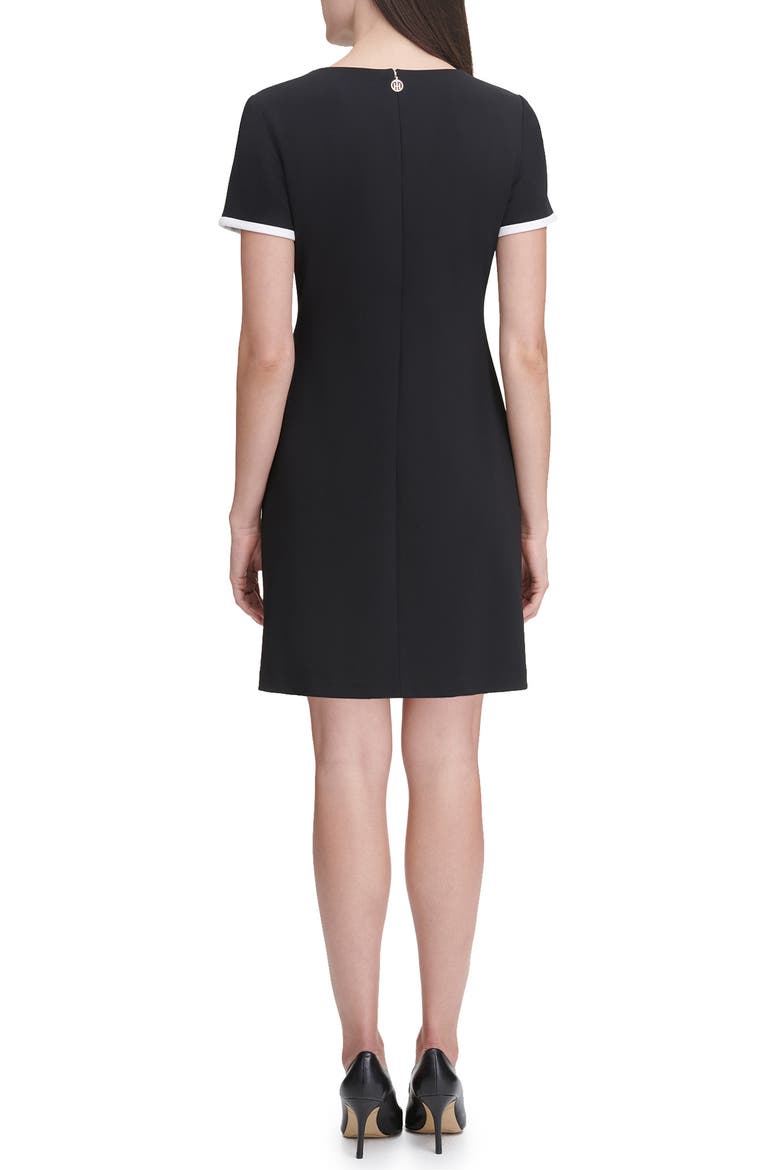 Short Sleeve Scuba Crepe Contrast Trim Dress, Alternate, color, BLACK.IVORY
