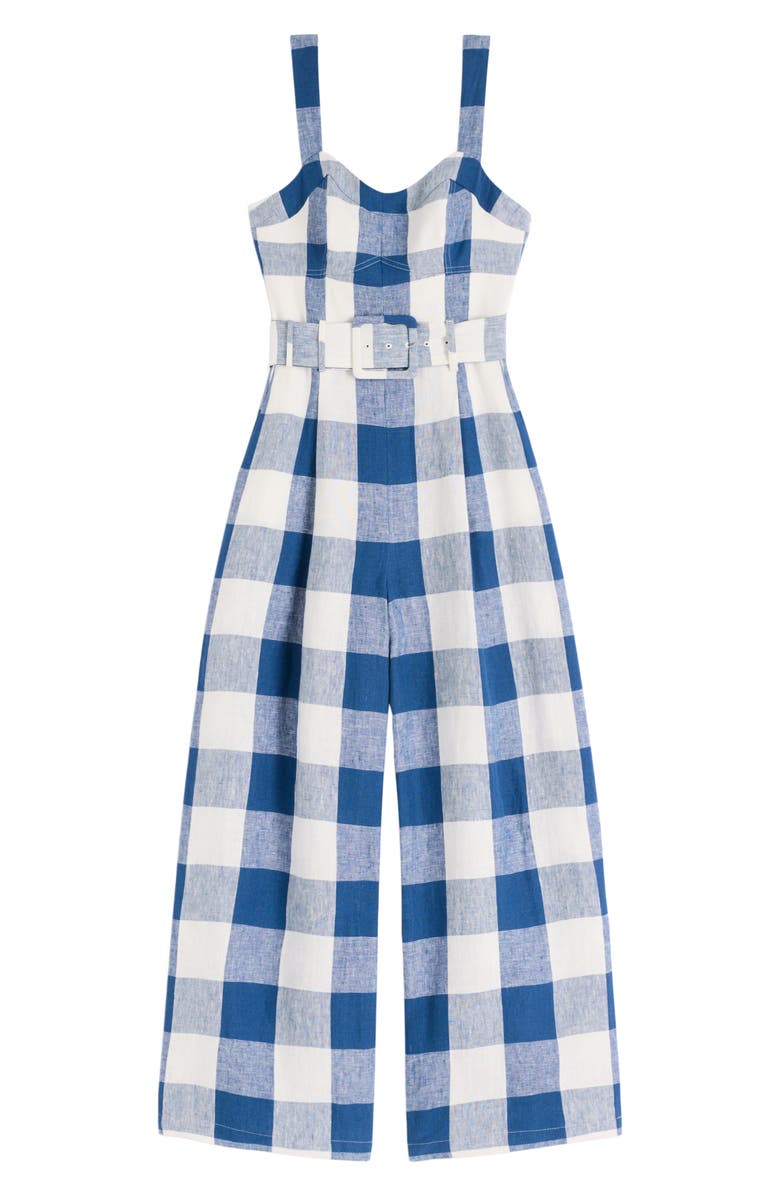 Boden Panelled Bodice Linen Jumpsuit, Alternate, color, Denim Blue Gingham
