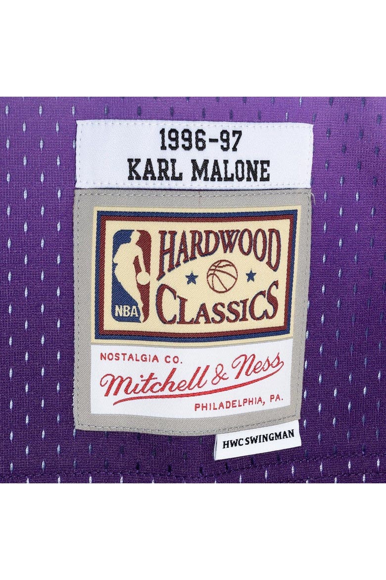 Men's Mitchell & Ness Karl Malone Purple/Turquoise Utah Jazz Hardwood Classics 1996/97 Split Swingman Jersey, Alternate, color, Purple