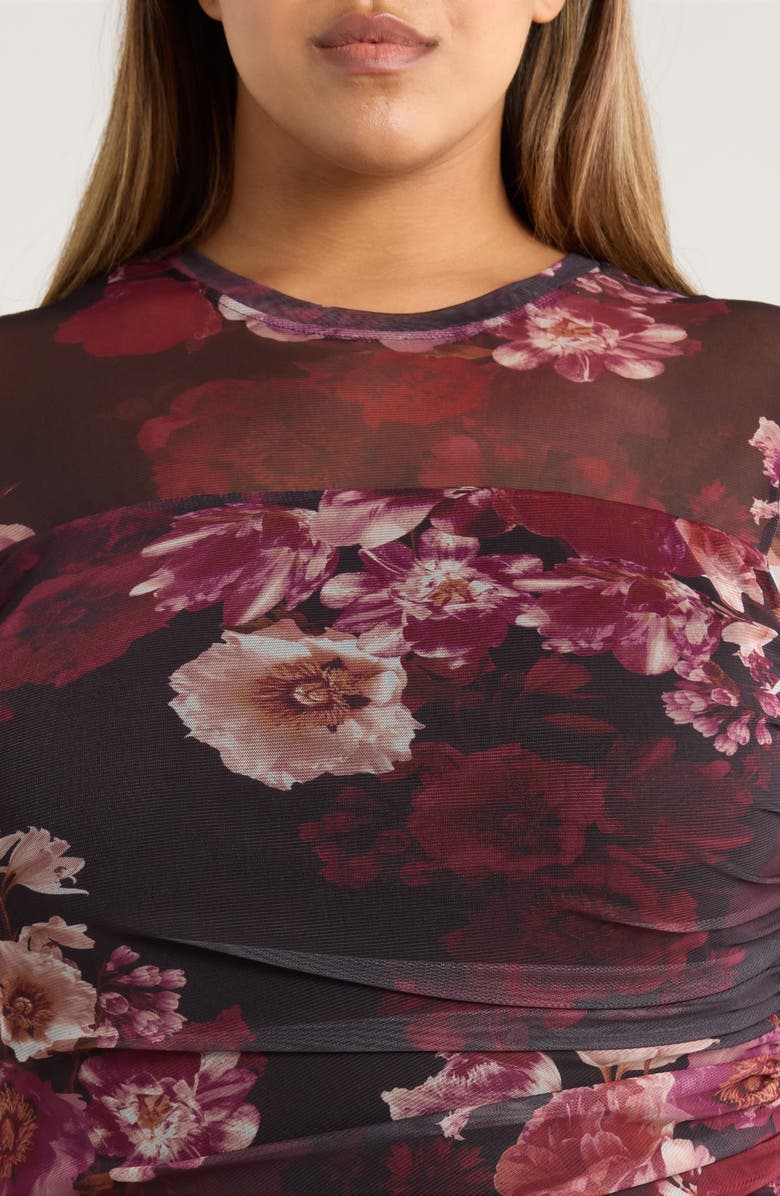 Anne Klein Ruched Long Sleeve Illusion Neck Midi Dress, Alternate, color, Midnight Chianti Multi