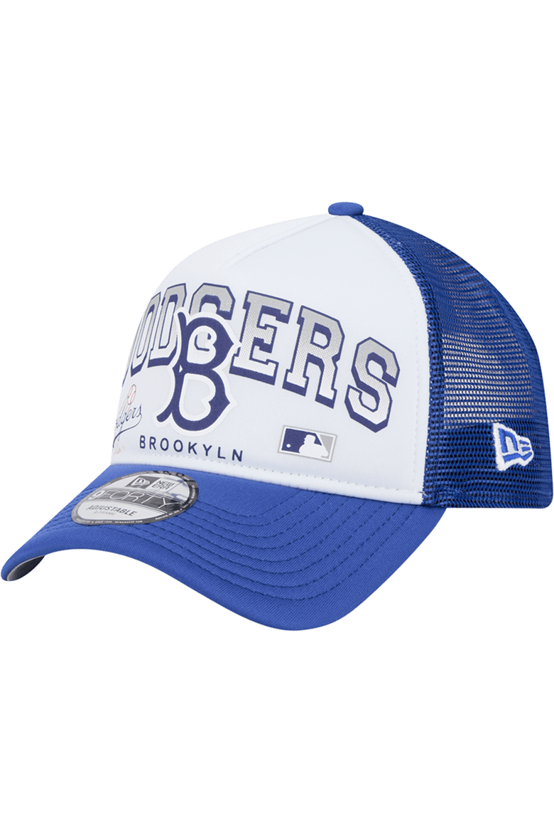 Men's New Era White Los Angeles Dodgers Retro Wordmark 9FORTY A-Frame Trucker Adjustable Hat, Main, color, White
