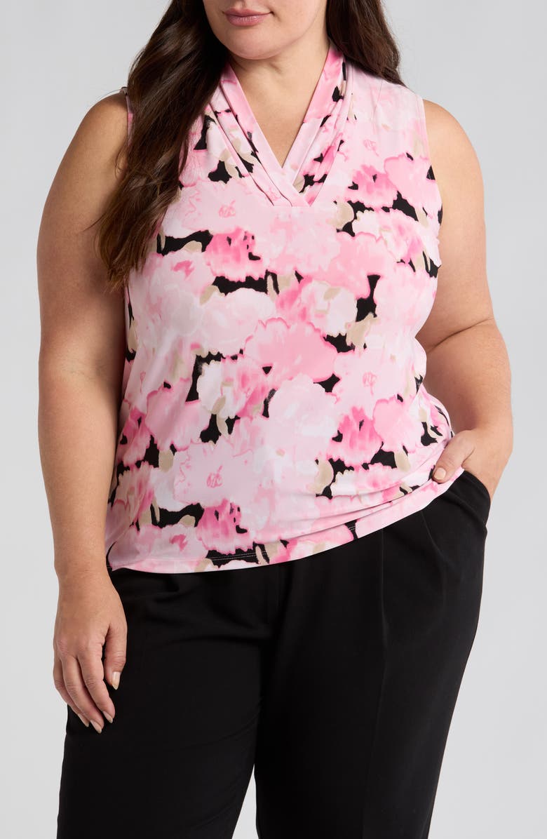 Anne Klein Blurred Floral Print Triple Pleat Sleeveless Top, Main, color, 