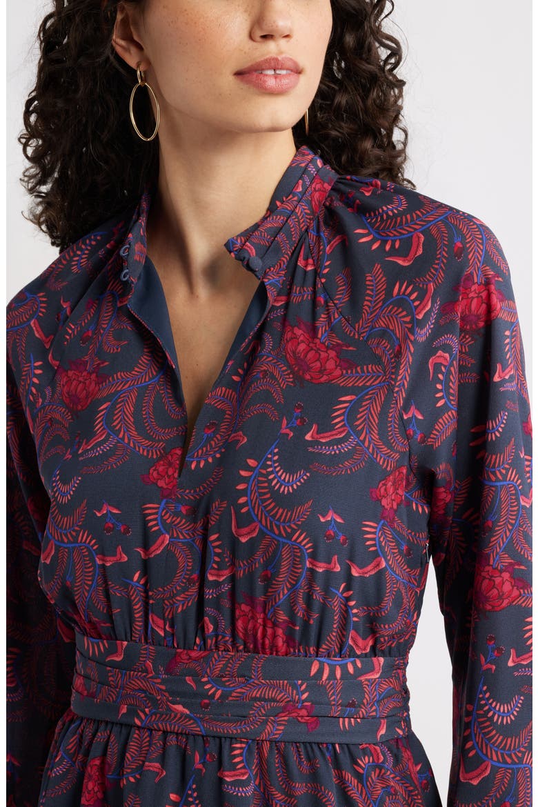 Long Sleeve Ruffle Midi Dress, Alternate, color, NAVY FLORAL VINE