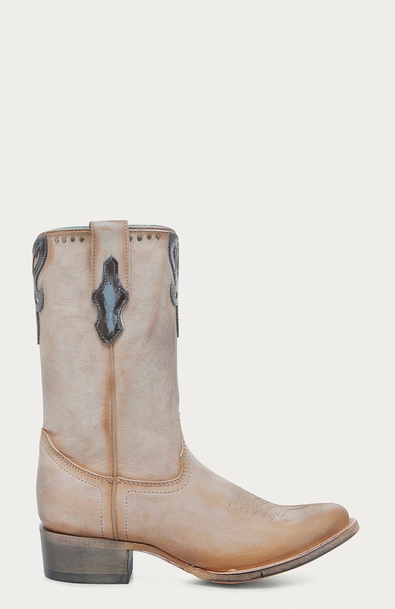Cowhide Embroidered Overlay Studded Round Toe Western Boots, Alternate, color, SAND