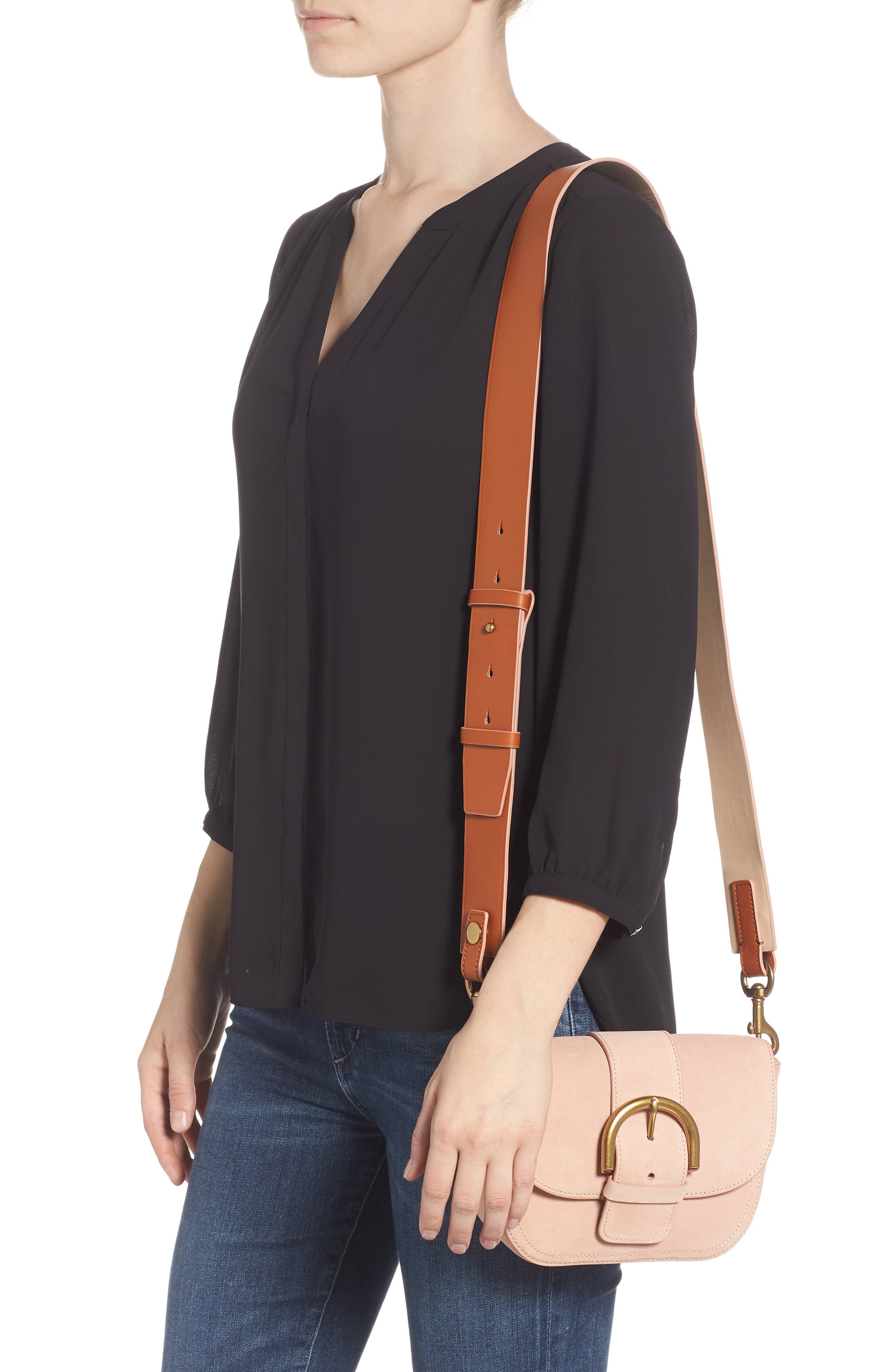 Buckle Crossbody Suede Bag, Alternate, color, WARM BLUSH