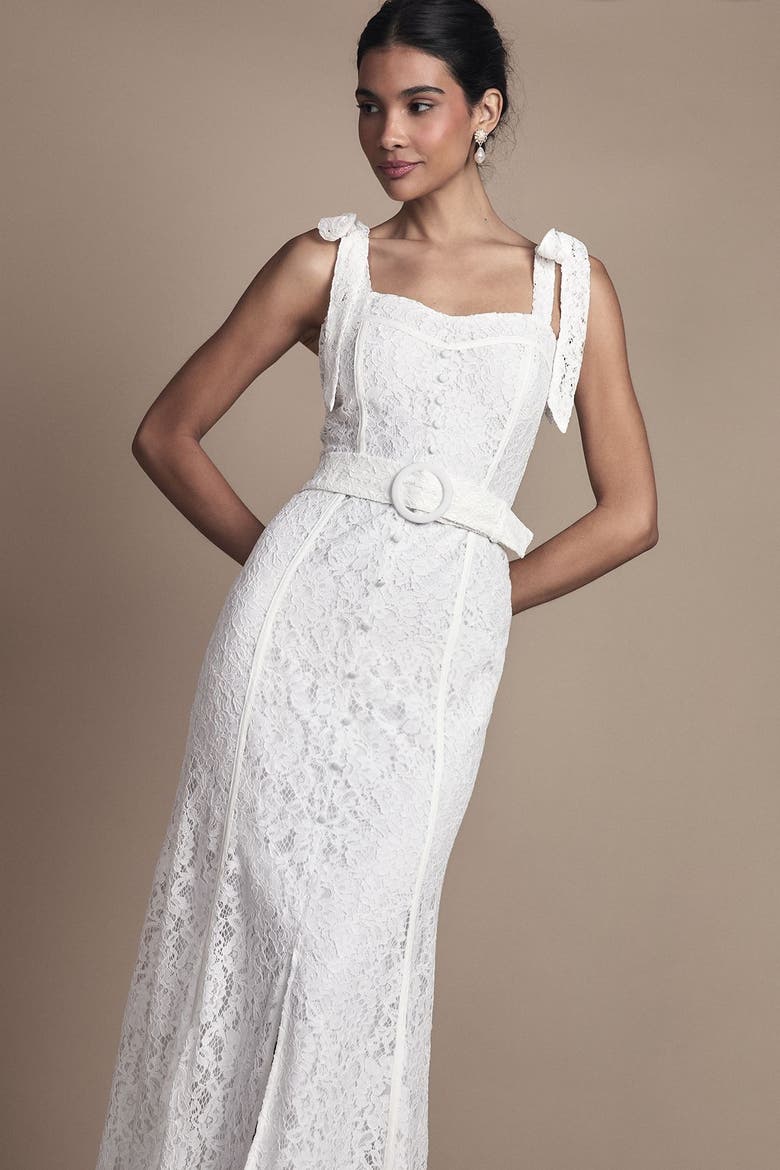 Lace Bow Shoulder Maxi Wedding Dress, Alternate, color, Ivory