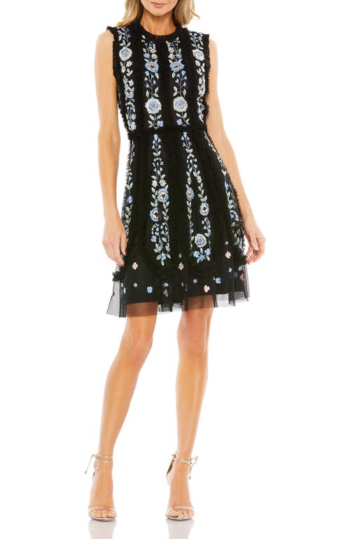Mac Duggal Embroidered Sleeveless Ruffled Cocktail Dress In Black