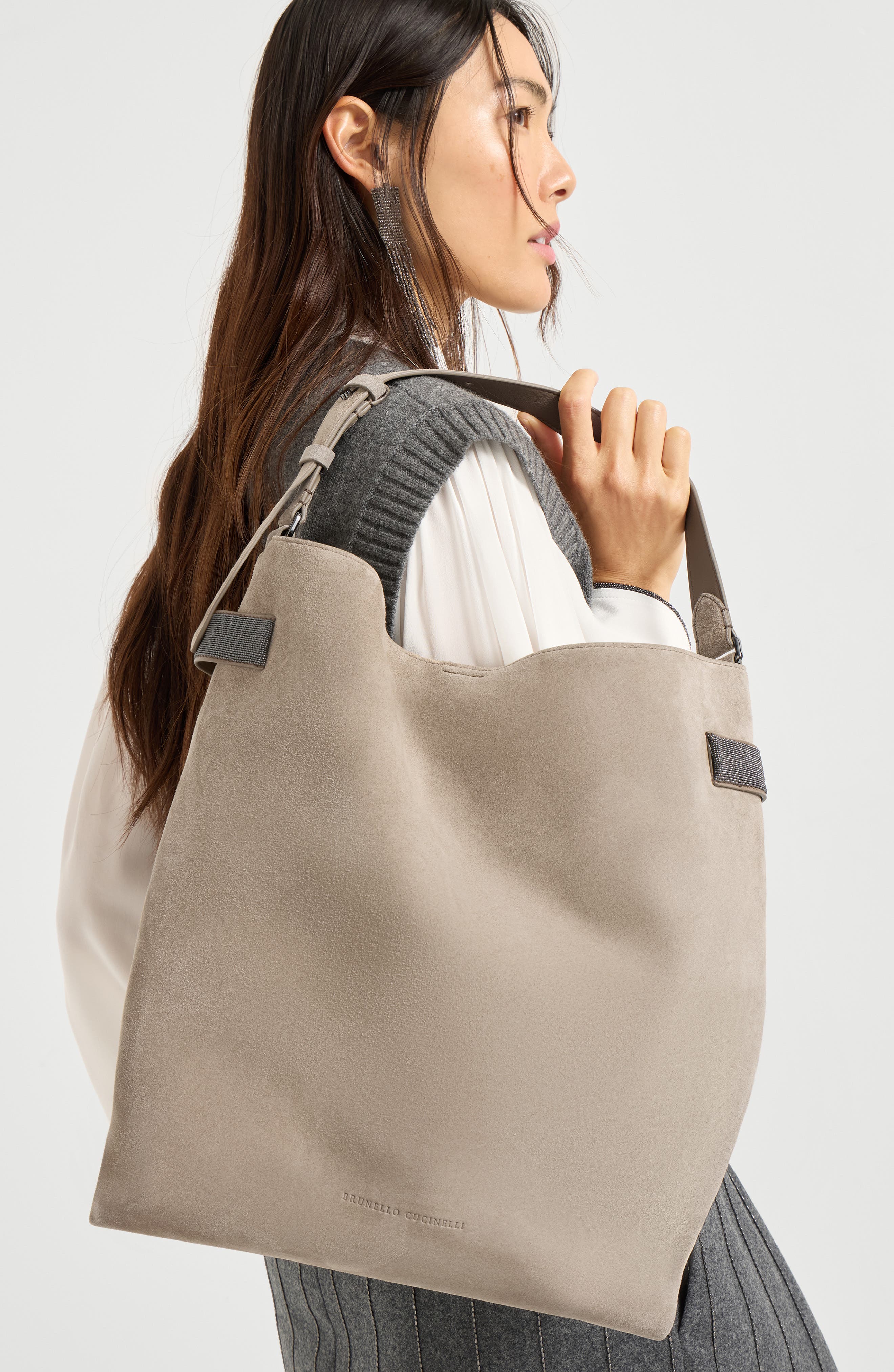 Brunello Cucinelli Suede essence hobo bag, Alternate, color, Grey
