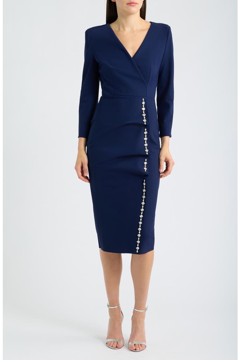 Rhinestone Detail Long Sleeve Cocktail Sheath Dress, Main, color, 743 BLU NOTTE