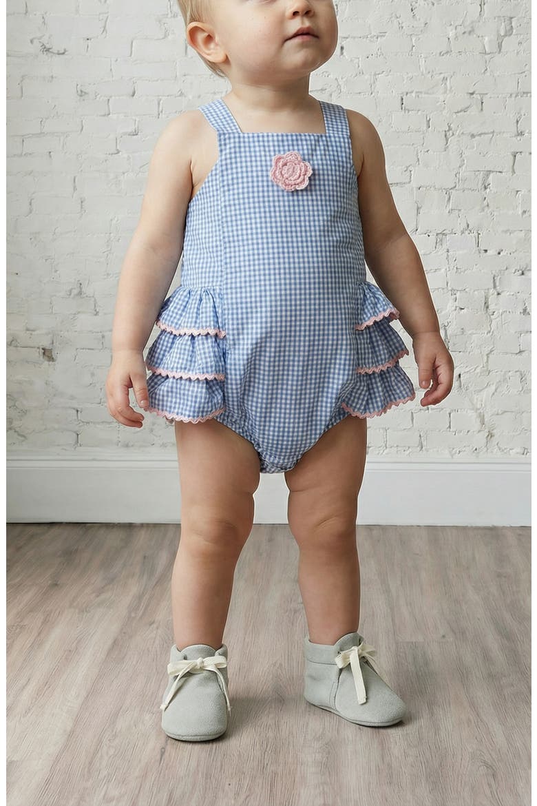 Seersucker Ruffle Sunsuit, Alternate, color, BLUE/ WHITE