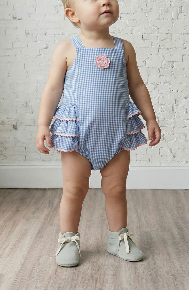 Pippa & Julie Seersucker Ruffle Sunsuit, Alternate, color, Blue/ White