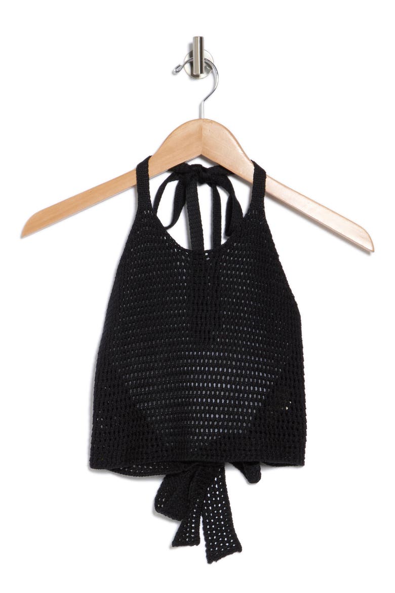 Open Stitch Halter Crop Cover-Up Top, Alternate, color, BLACK