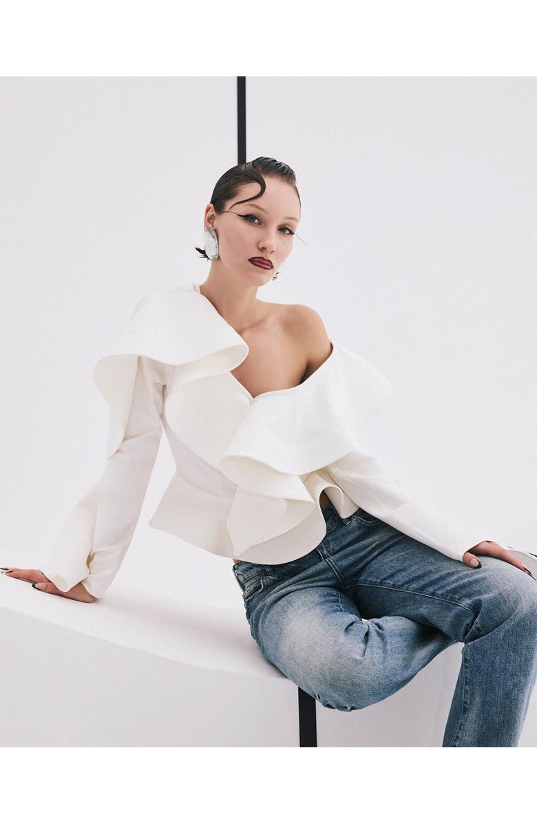 THEO The Label Gaia Ruffle Shoulder V-Neck Top, Alternate, color,