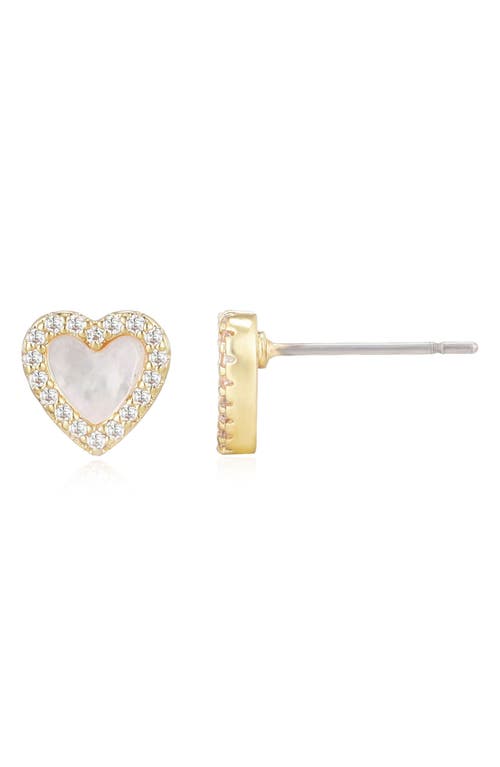 Adornia 14k Gold Plated Mother Of Pearl Mini Halo Cz Heart Studs In Gold