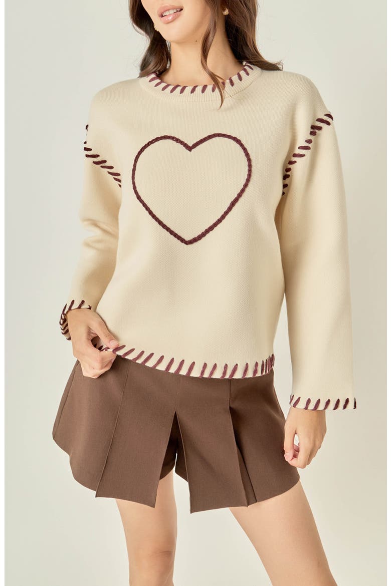 Heart Whipstitch Sweater, Alternate, color, CREAM/ BROWN