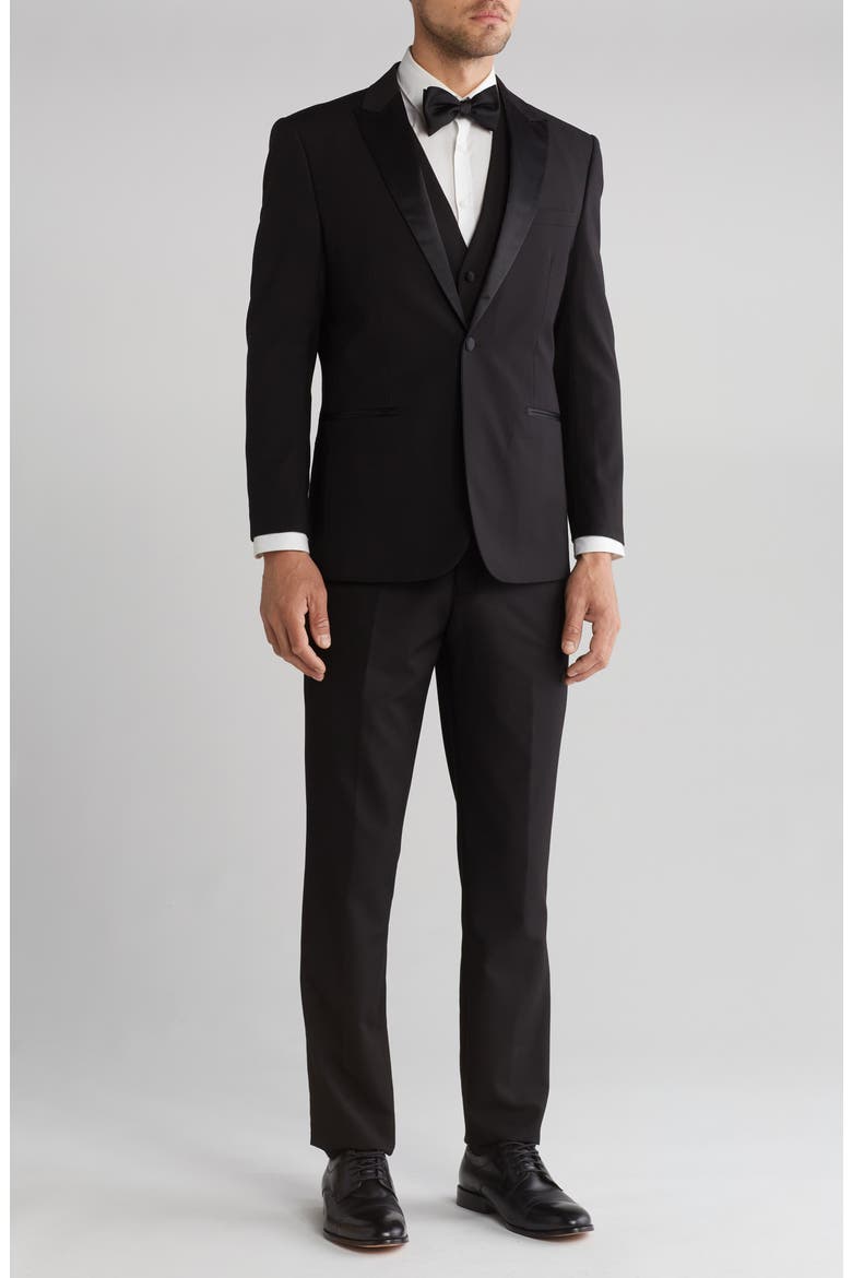Slim Fit Satin Peak Lapel 3-Piece Tuxedo, Main, color, BLACK