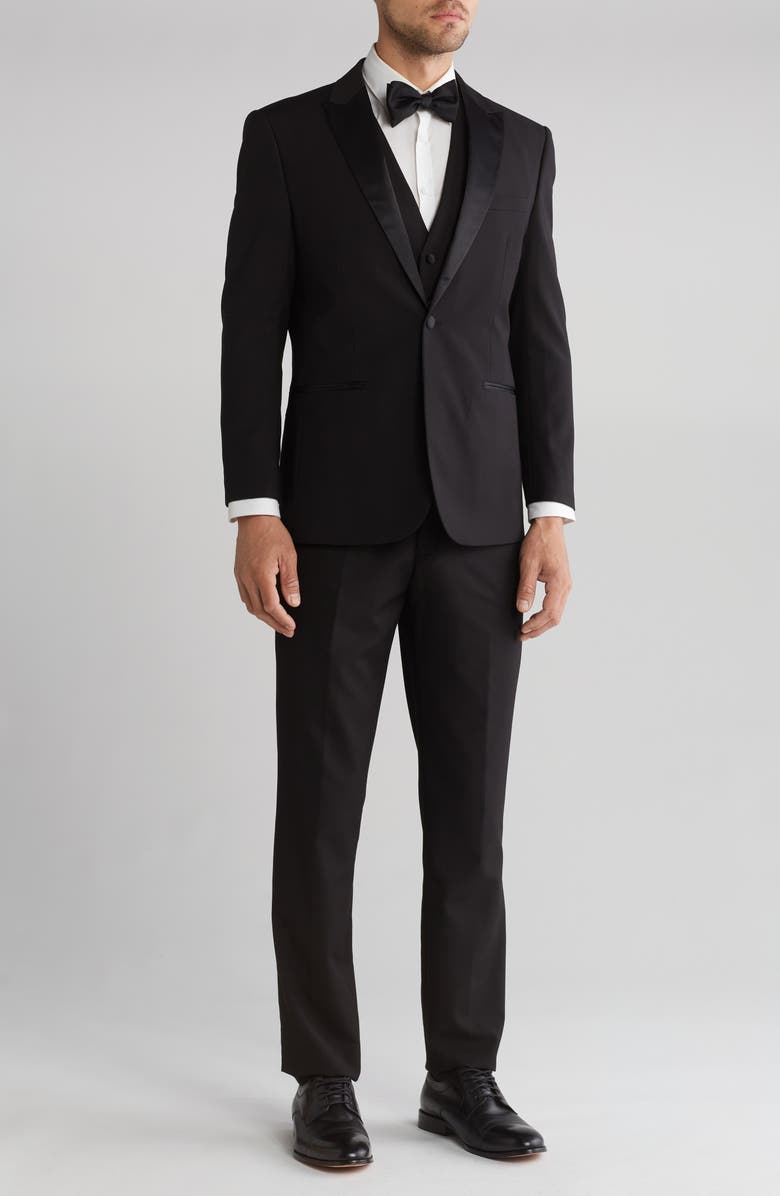 Gino Vitale Slim Fit Satin Peak Lapel 3-Piece Tuxedo, Main, color, Black