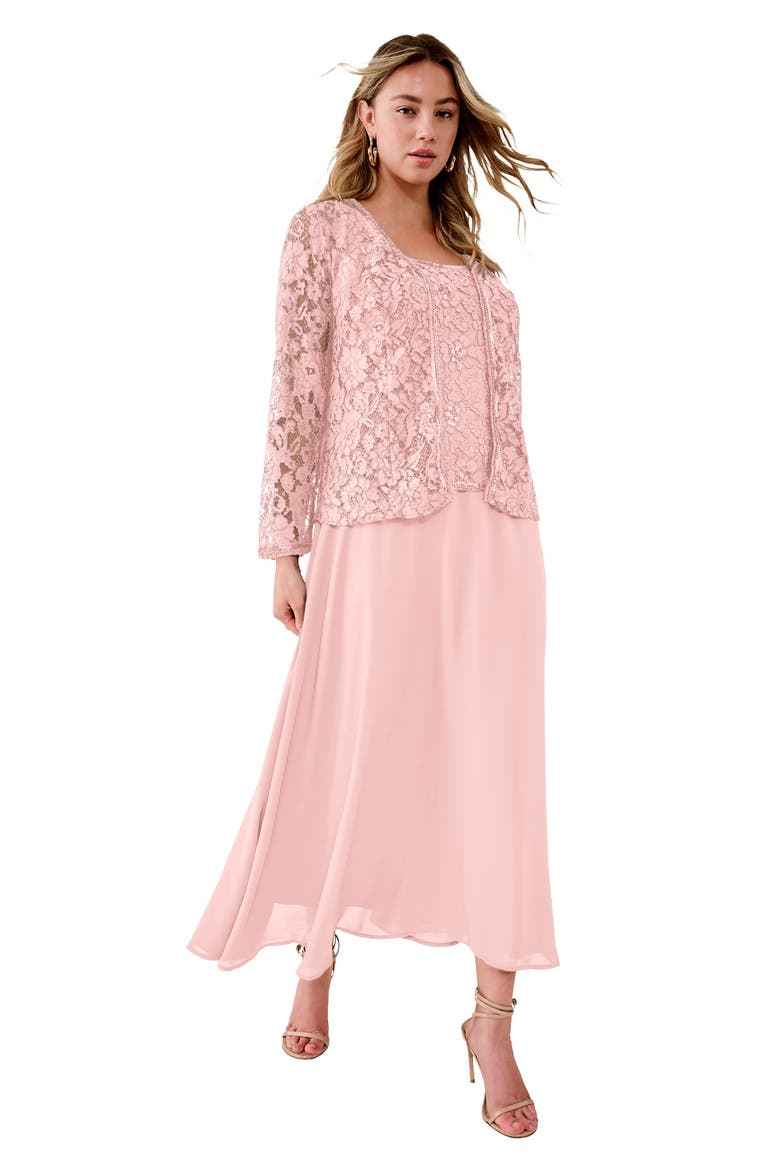 Plus-Size 2 Piece Long Sleeve Embellished Lace Jacket And Full Gown, Main, color, SOFT BLUSH