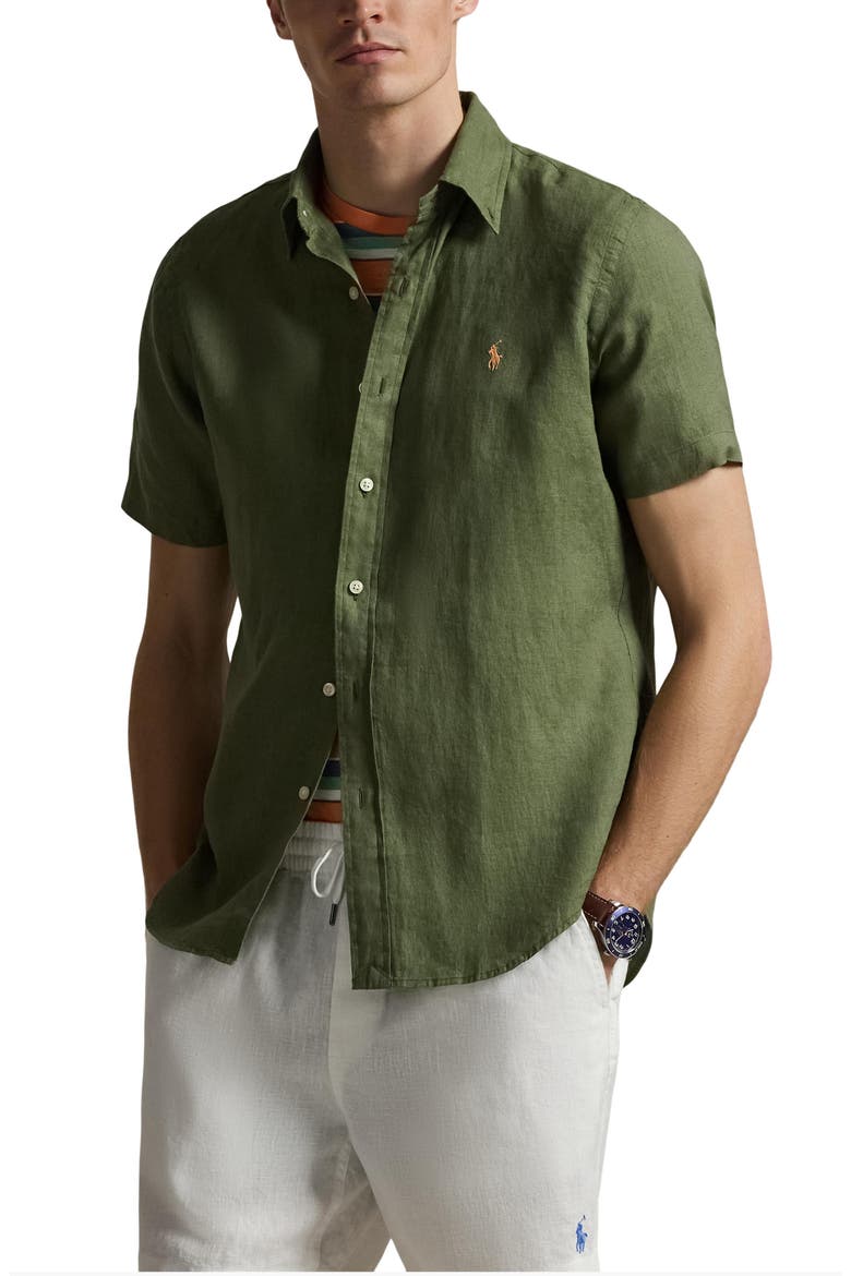 Classic Fit Short Sleeve Linen Button-Down Shirt, Main, color, GARDEN TRAIL