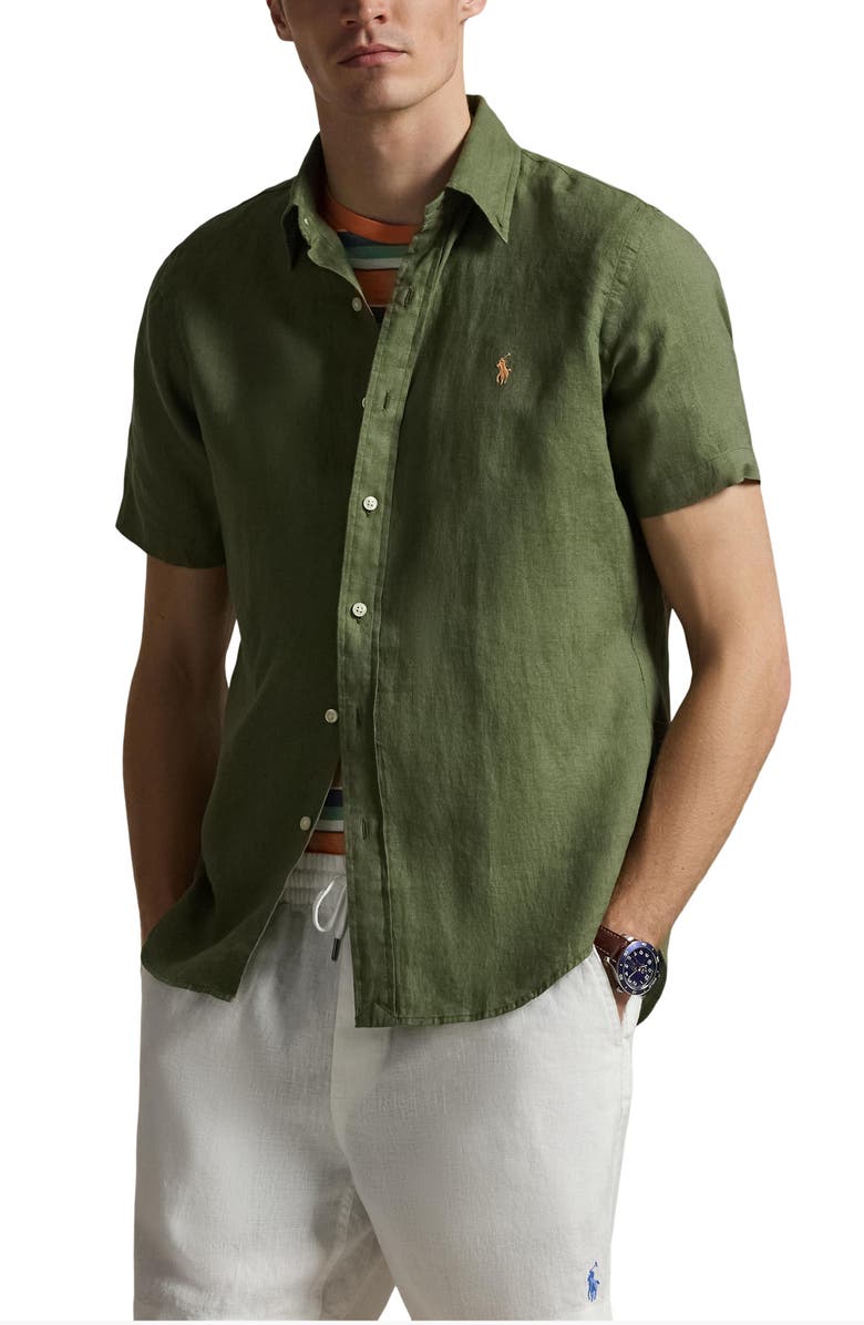 Polo Ralph Lauren Classic Fit Short Sleeve Linen Button-Down Shirt, Main, color, Garden Trail