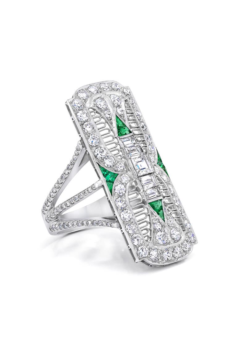 Filigree Diamond & Emerald Dinner Ring, Main, color, PLATINUM