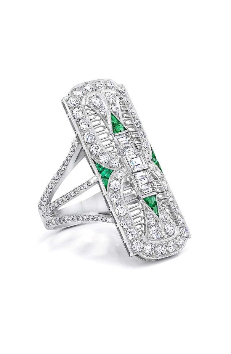 Mindi Mond Filigree Diamond & Emerald Dinner Ring, Main, color, Platinum/ Diamond/ Emerald