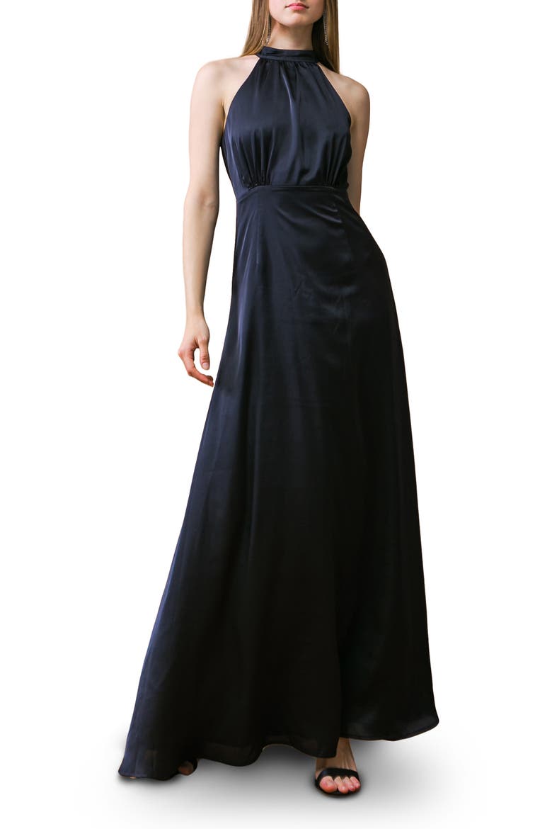 Tie Neck Satin Maxi Dress, Main, color, BLACK