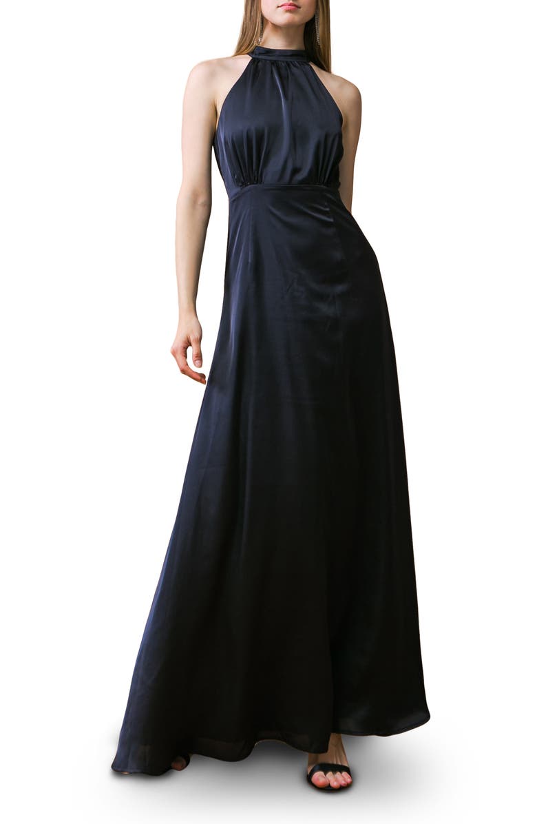 FLYING TOMATO Tie Neck Satin Maxi Dress, Main, color, Black