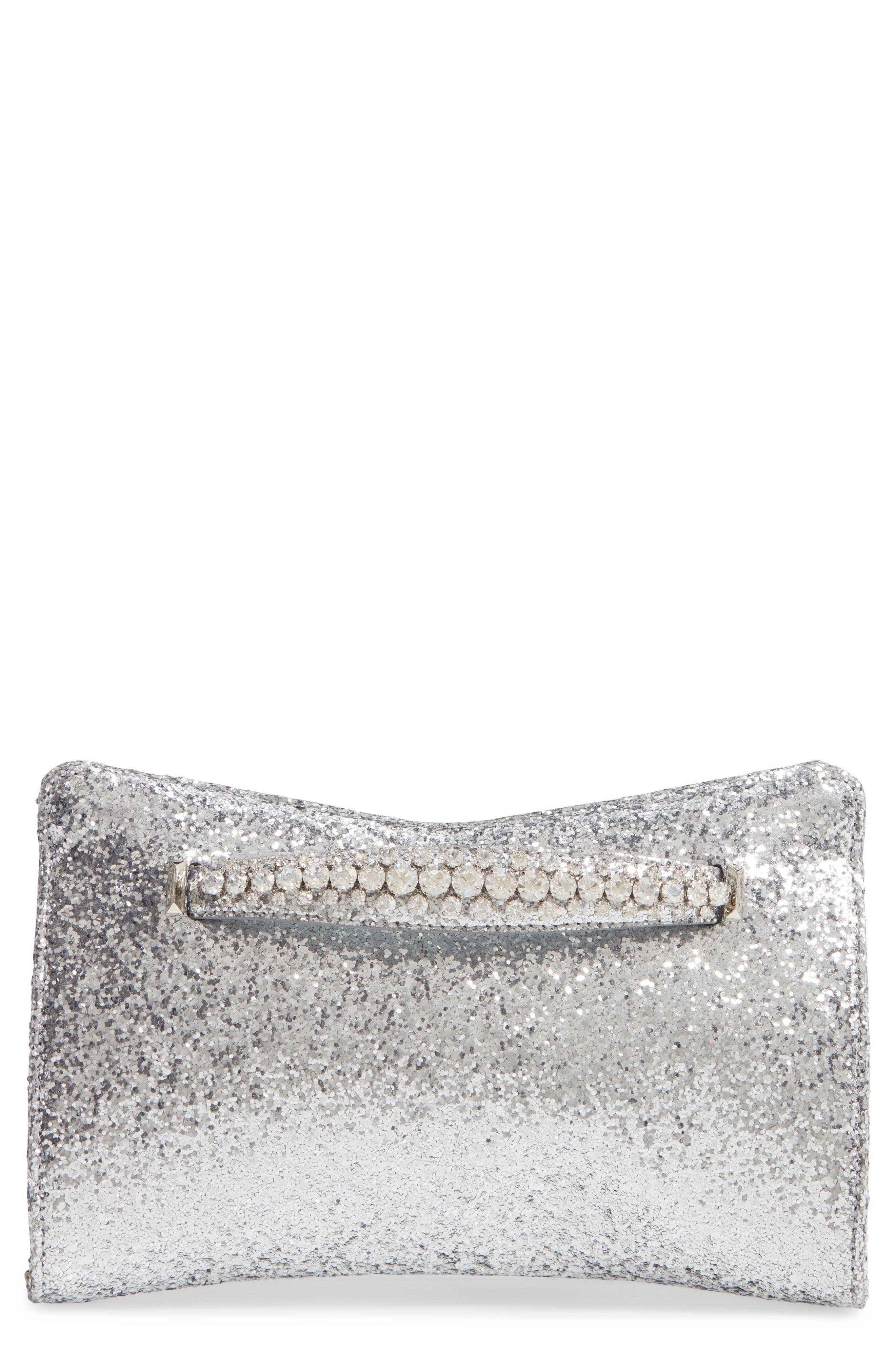 Jimmy Choo Galactica Glitter Clutch with Crystal Bracelet Handle, Main, color, 