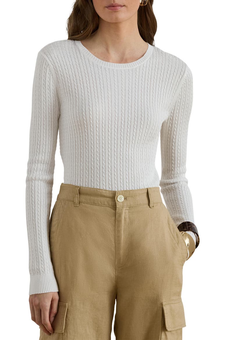 Mini Cable Crewneck Sweater, Main, color, WHITE