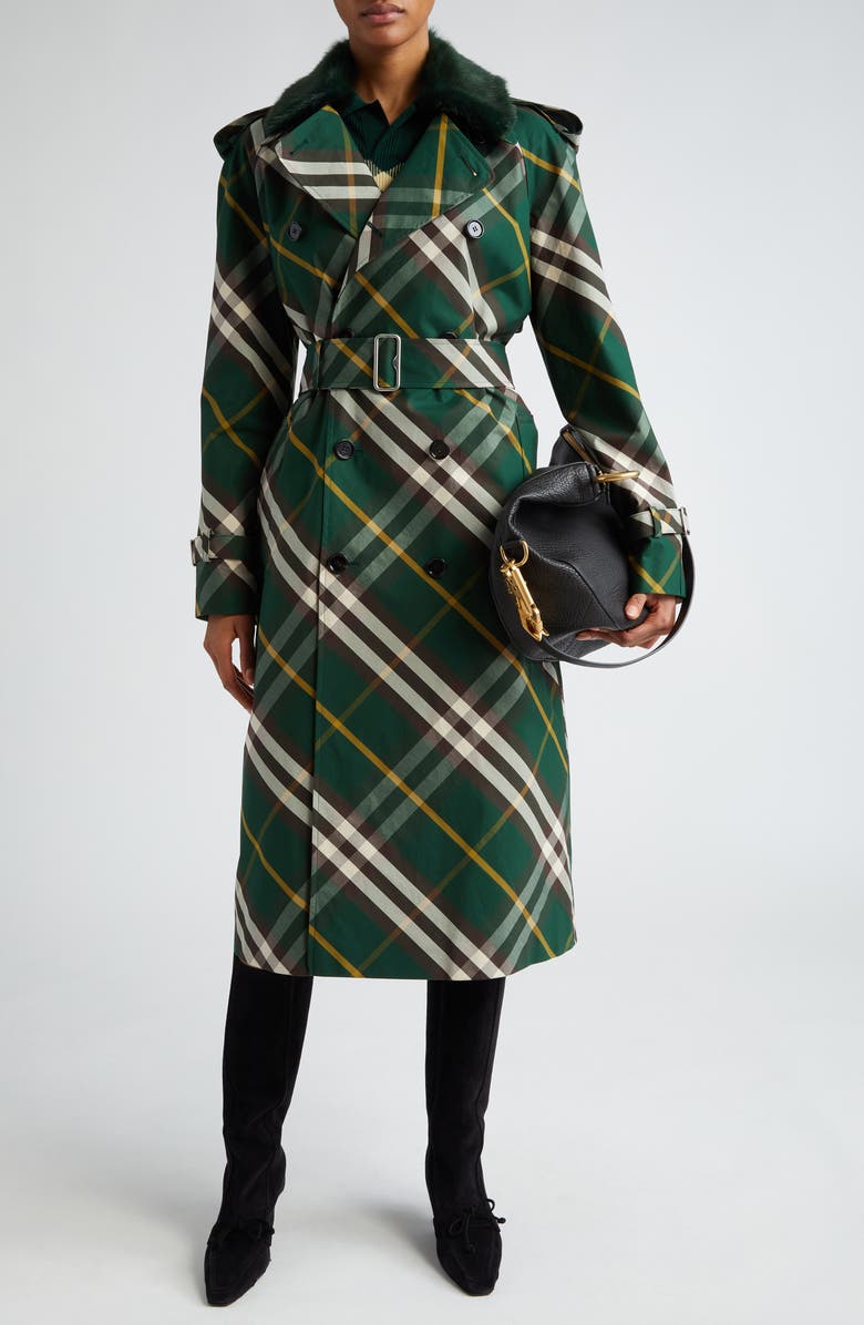 Burberry Check Water Resistant Gabardine Trench Coat with Removable Faux Fur Collar, Main, color, 