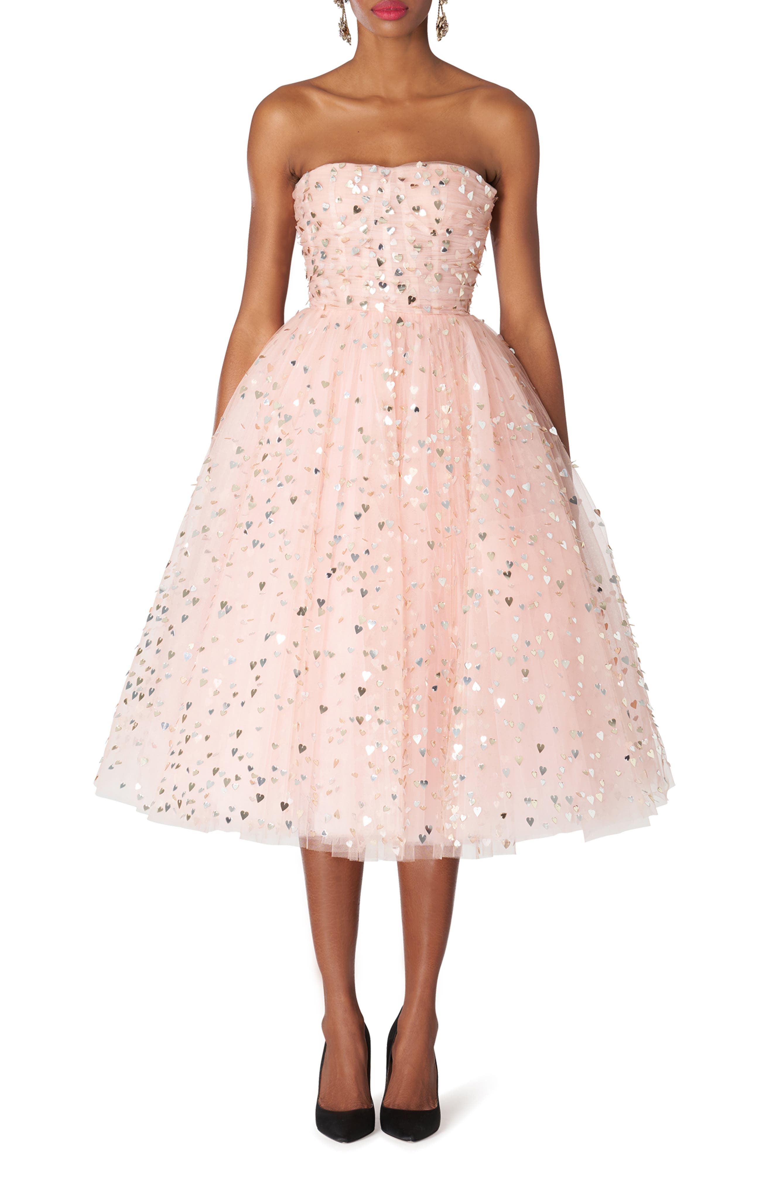 Carolina Herrera Heart Paillette Strapless Tulle Cocktail Dress