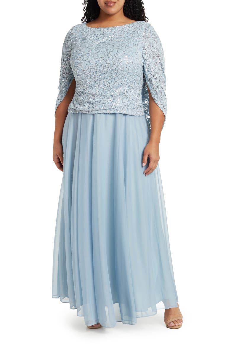Lace Chiffon Capelet Gown, Main, color, SKY