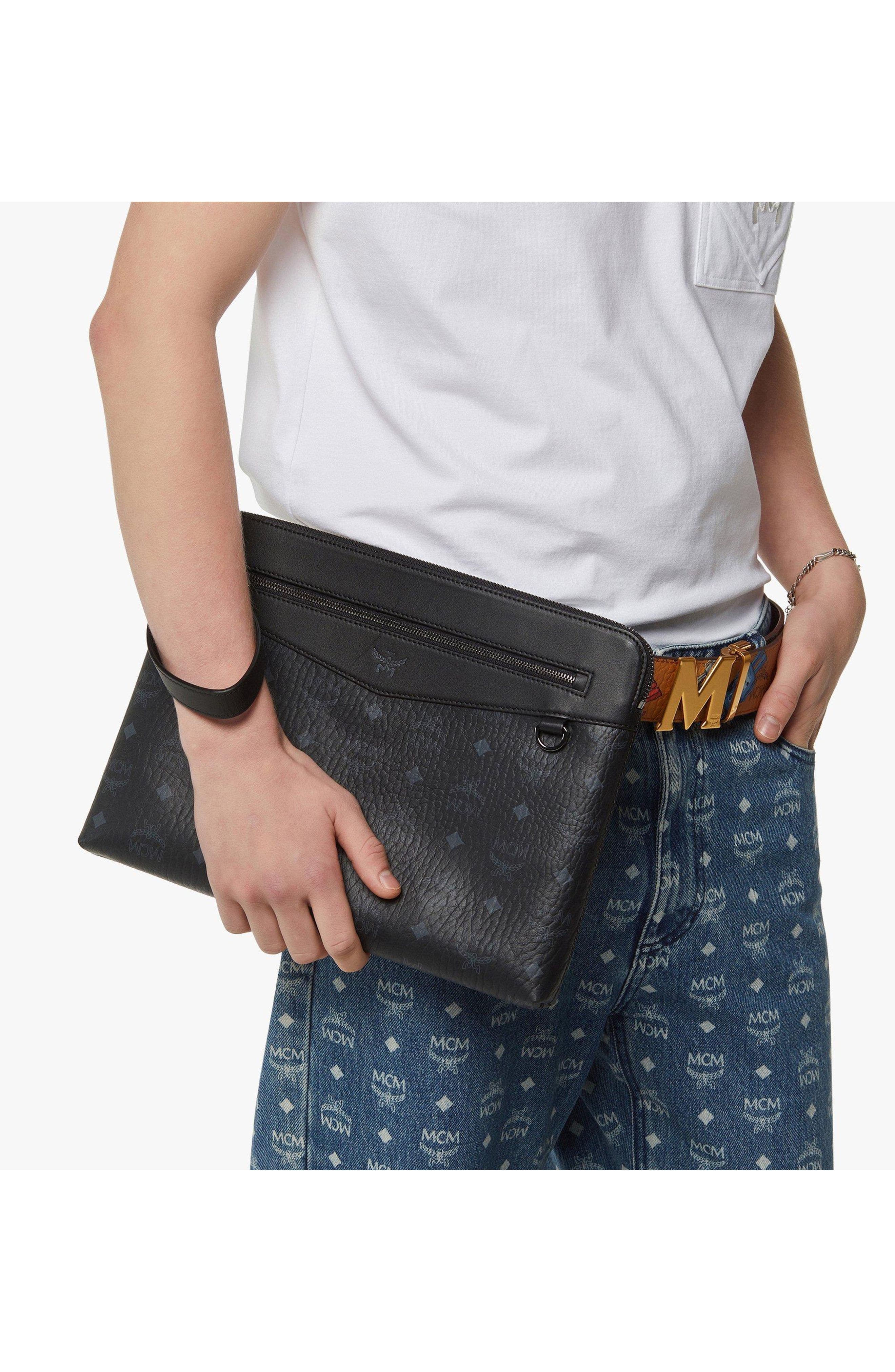 MCM Diamond Wristlet Pouch in Visetos, Alternate, color, Black