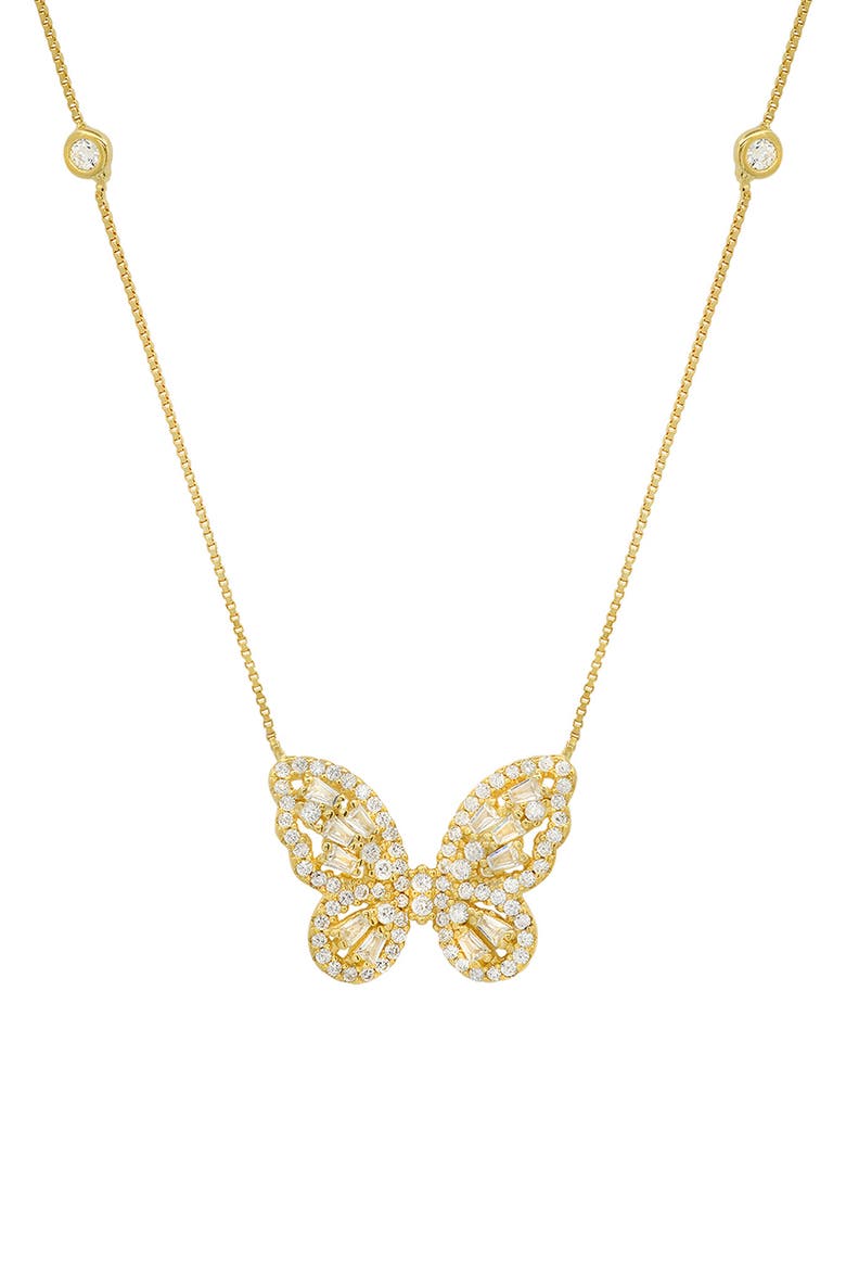 Sterling Silver CZ Embellished Butterfly Pendant Station Chain Necklace, Main, color, GOLD