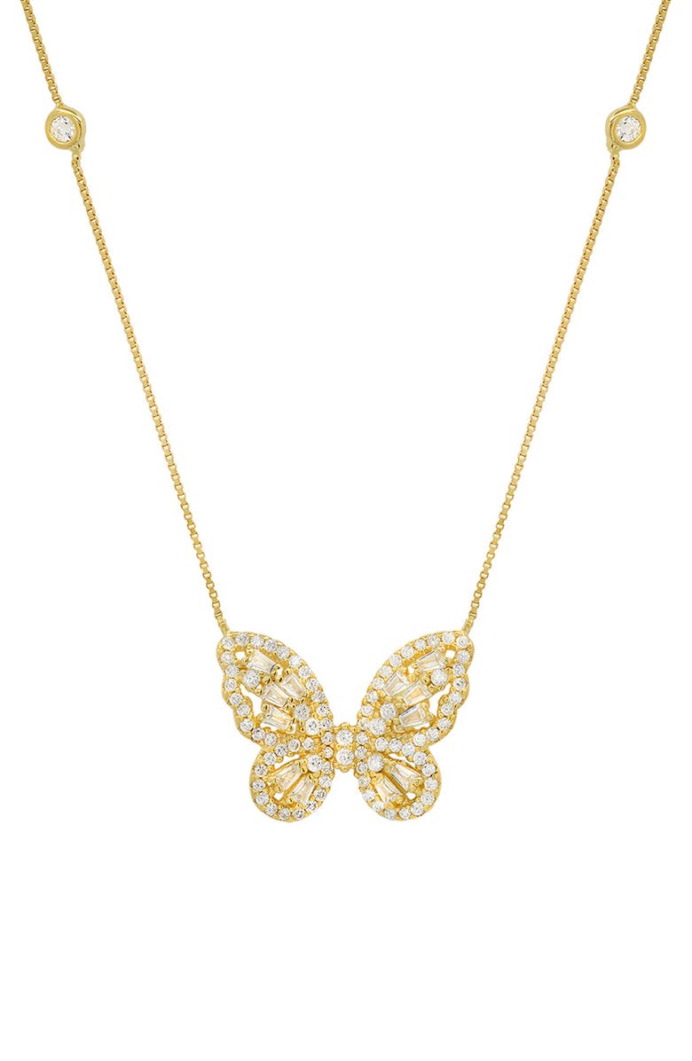 Queen Jewels Sterling Silver CZ Embellished Butterfly Pendant Station Chain Necklace, Main, color, Gold