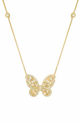 Queen Jewels Sterling Silver CZ Embellished Butterfly Pendant Station Chain Necklace