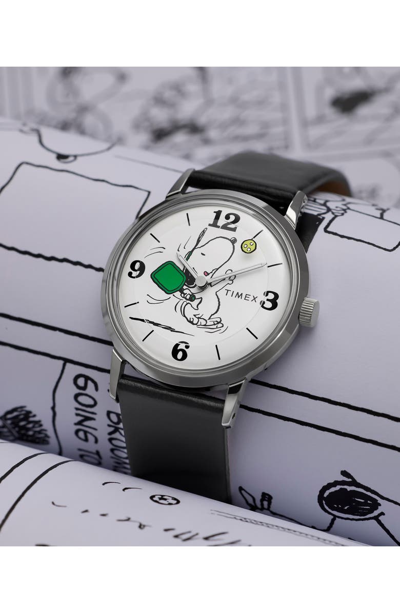 Timex<sup>®</sup> Peanuts<sup>®</sup> x Timex Marlin<sup>®</sup> Pickleball 38mm Leather Strap Watch, Alternate, color, White/ Silver-Tone