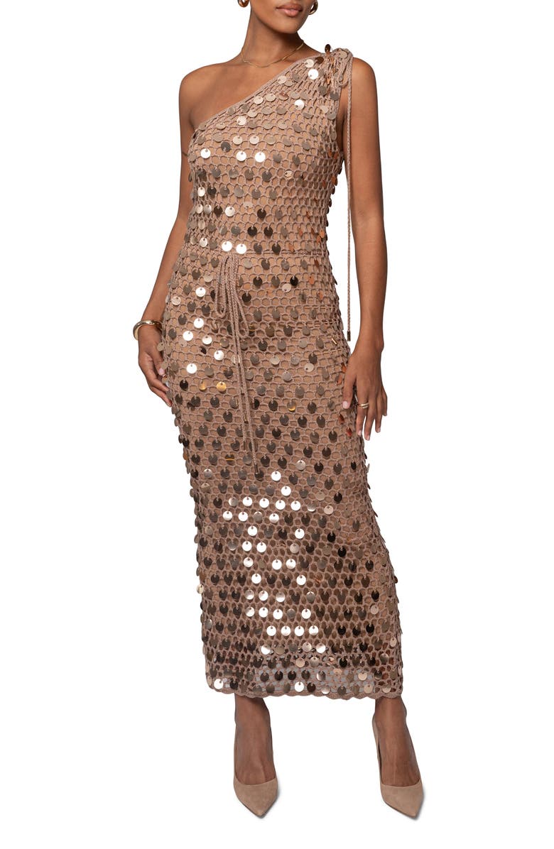 JLUXLABEL Opulent Paillette One-Shoulder Maxi Dress, Alternate, color, Beige