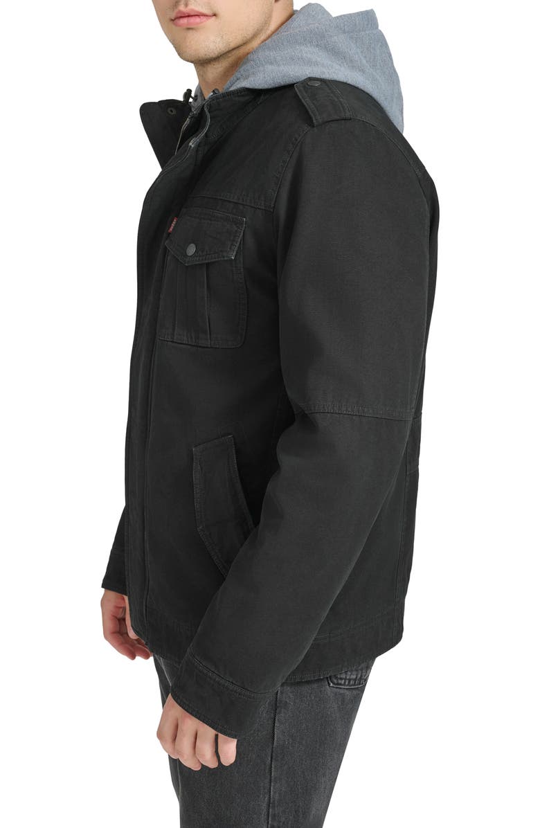 Levi's<sup>®</sup> Washed Cotton Faux Shearling Lined Hooded Military Jacket, Alternate, color, Black